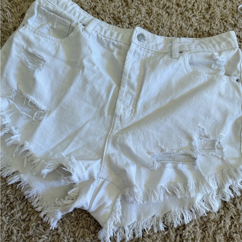 High Waist White Distressed Denim Women Shorts